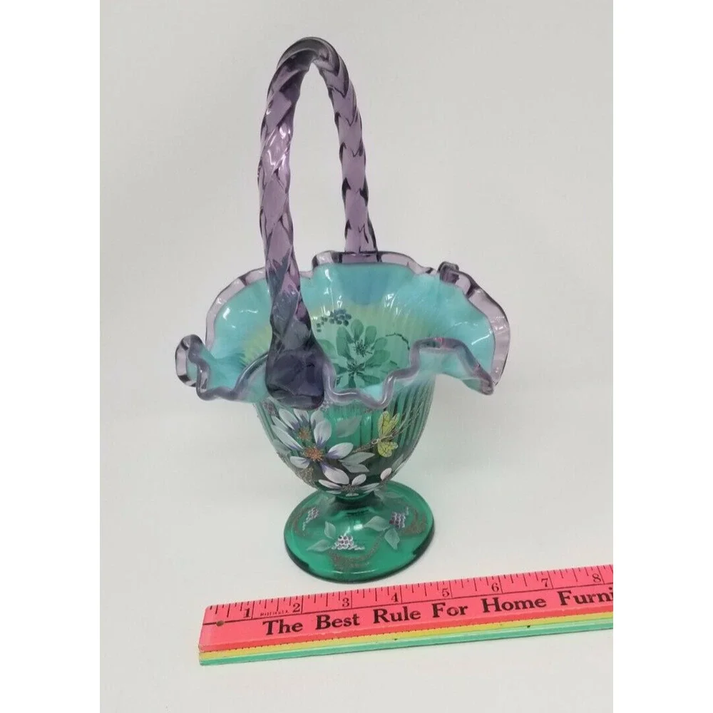Fenton Glass New Century XXI Spruce Green Purple Dragonfly Basket Signed